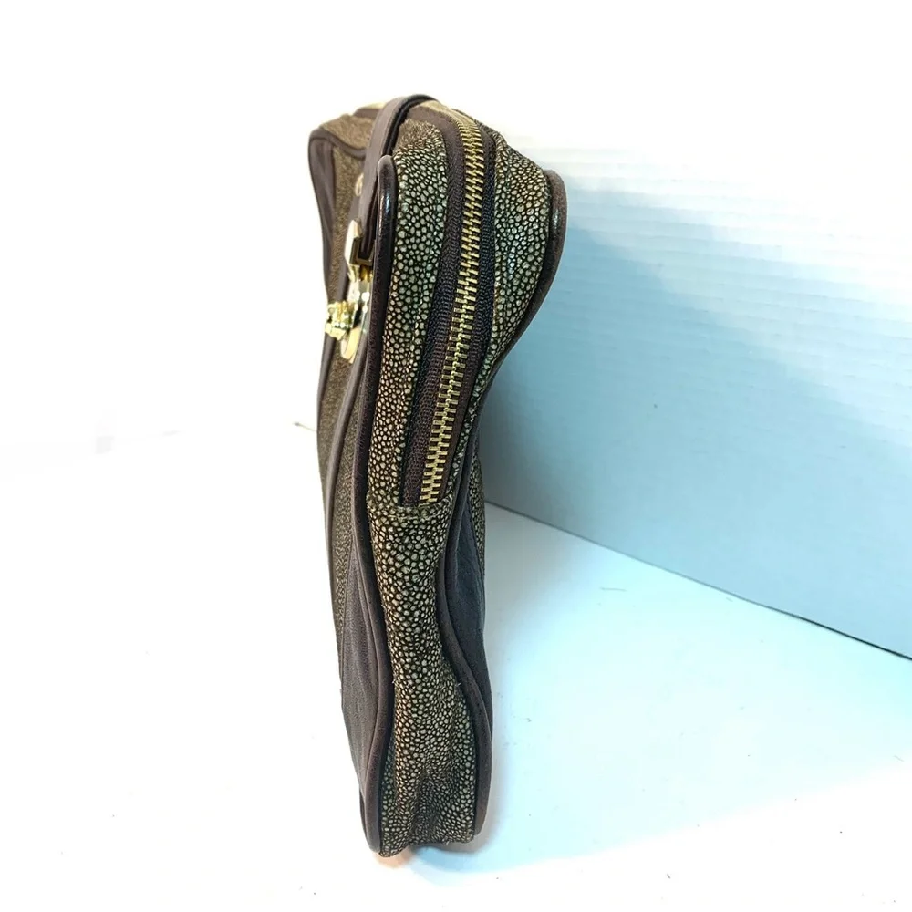REBECCA MINKOFF Laptop Tablet Business Clutch Case Brown & Metallic Leather